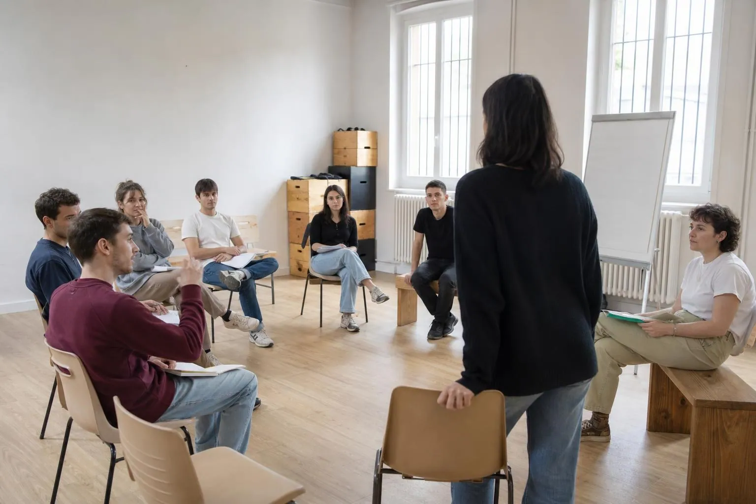 Un groupe de jeunes animateurs en formation assis en cercle sur des bancs dans une salle claire, un paperboard vierge posé à côté d’eux