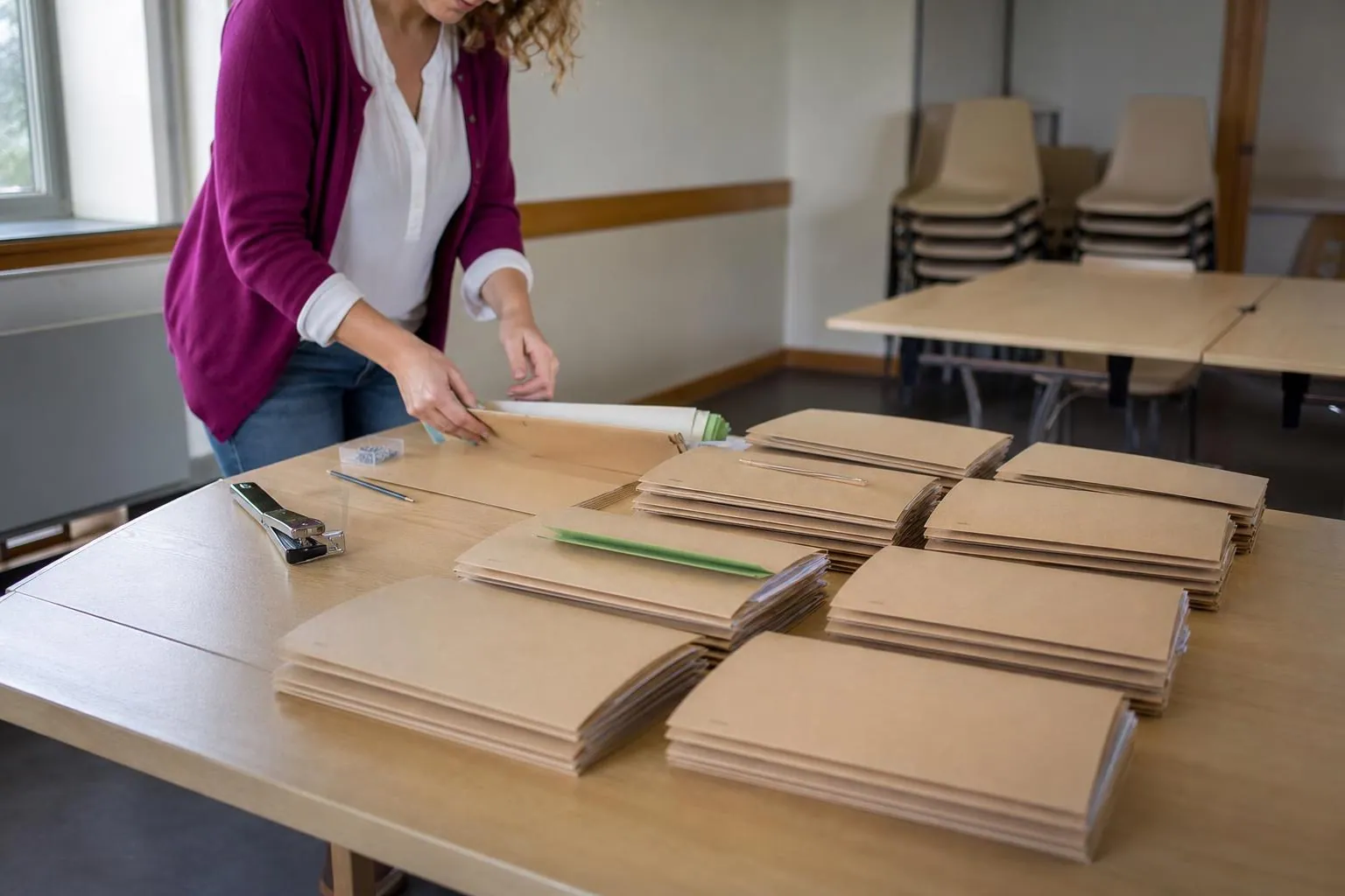 Une coordinatrice enfance étale des pochettes cartonnées kraft nominatives en colonnes sur une longue table, une agrafeuse et un crayon à portée de main