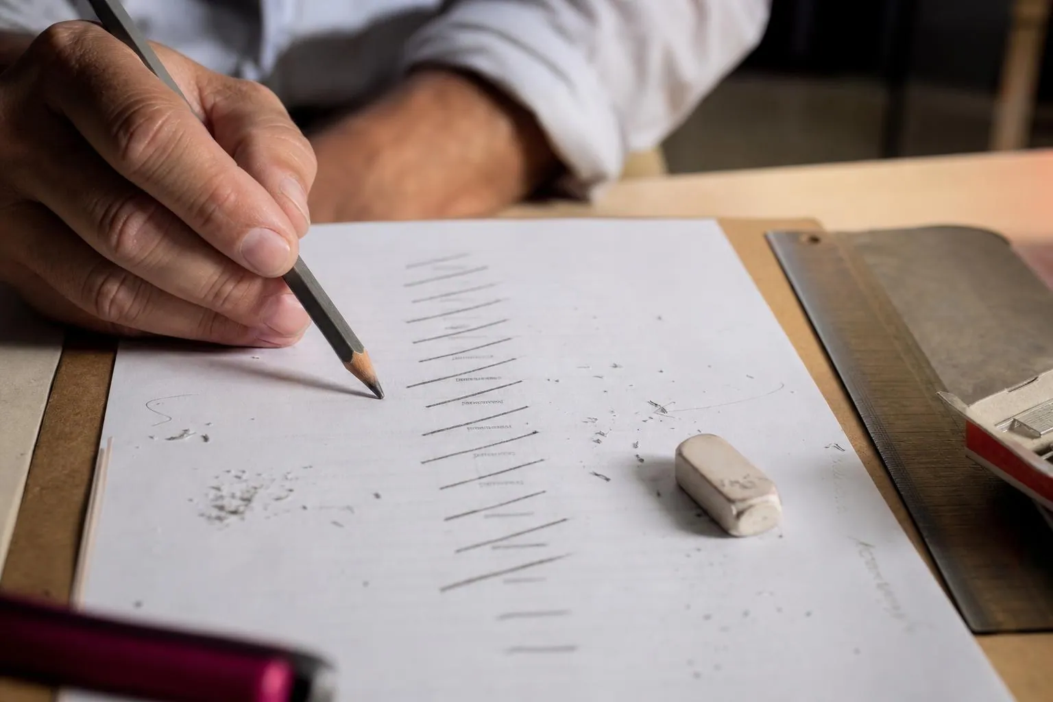 Gros plan sur une main qui corrige au crayon une ligne d’une liste d’équipe imprimée, à côté d’une gomme et de plusieurs lignes déjà raturées