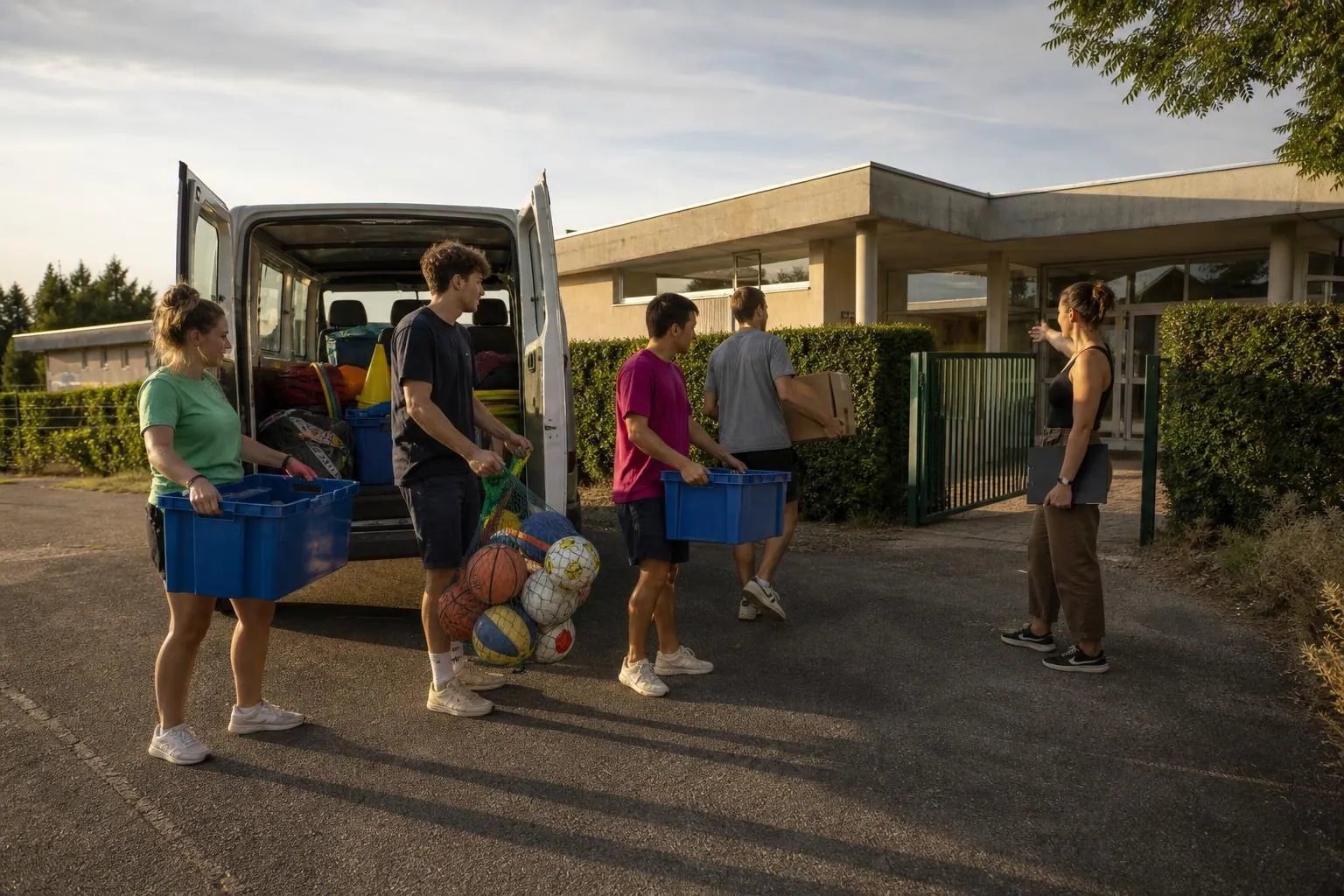 Une équipe d’animateurs saisonniers décharge des malles de matériel d’un minibus municipal devant l’entrée d’un centre de loisirs, tôt le matin