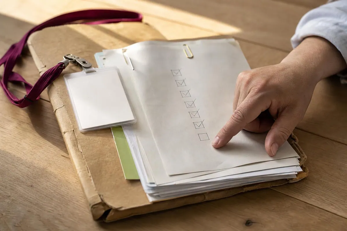 Gros plan sur une pochette cartonnée kraft ouverte contenant un diplôme d’animation, une attestation de secourisme et un badge de qualification, avec une liste de cases cochées au crayon