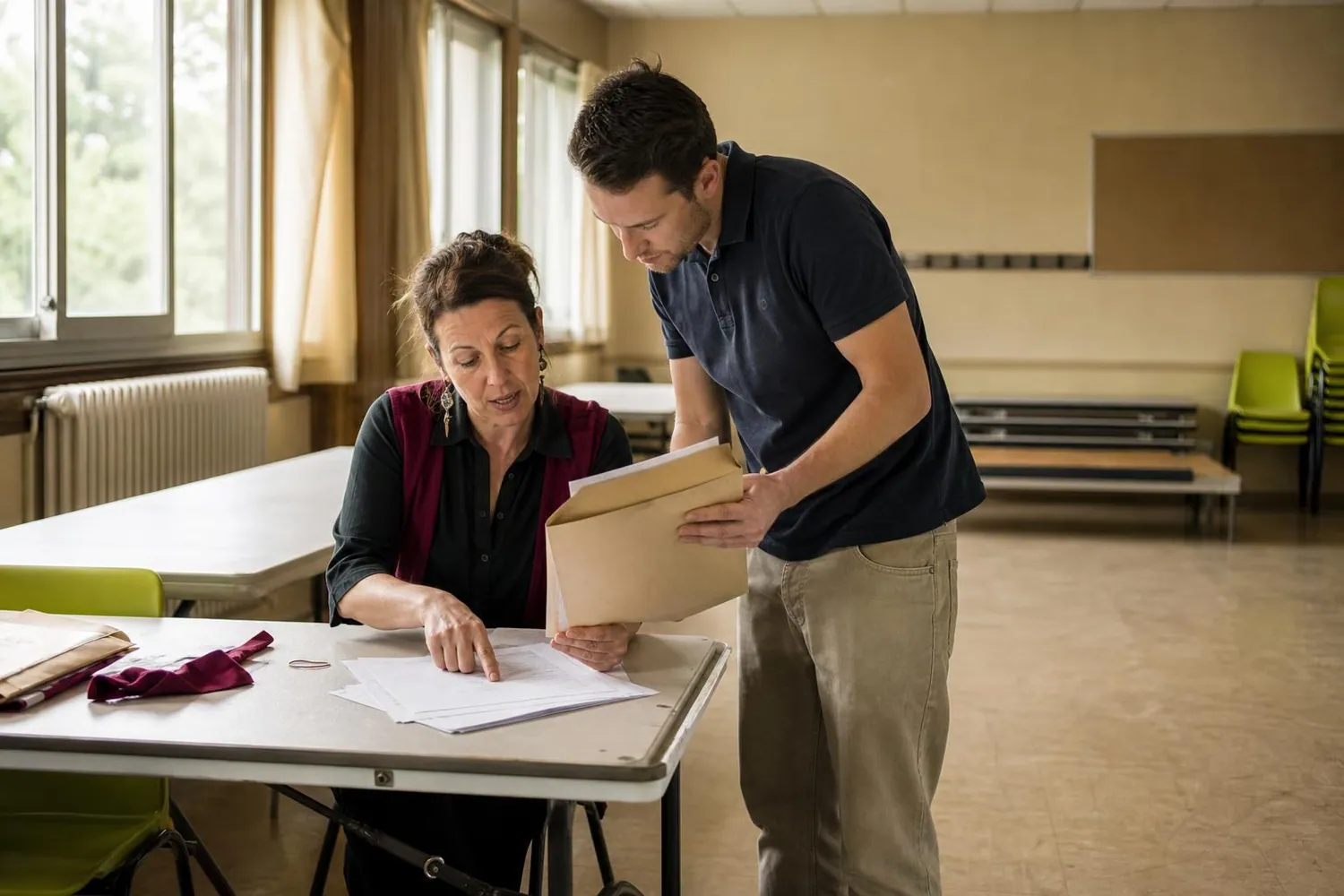 Une coordinatrice enfance et un directeur d’accueil de loisirs assis à une table de salle municipale, en train de trier des dossiers d’animateurs et des pochettes cartonnées